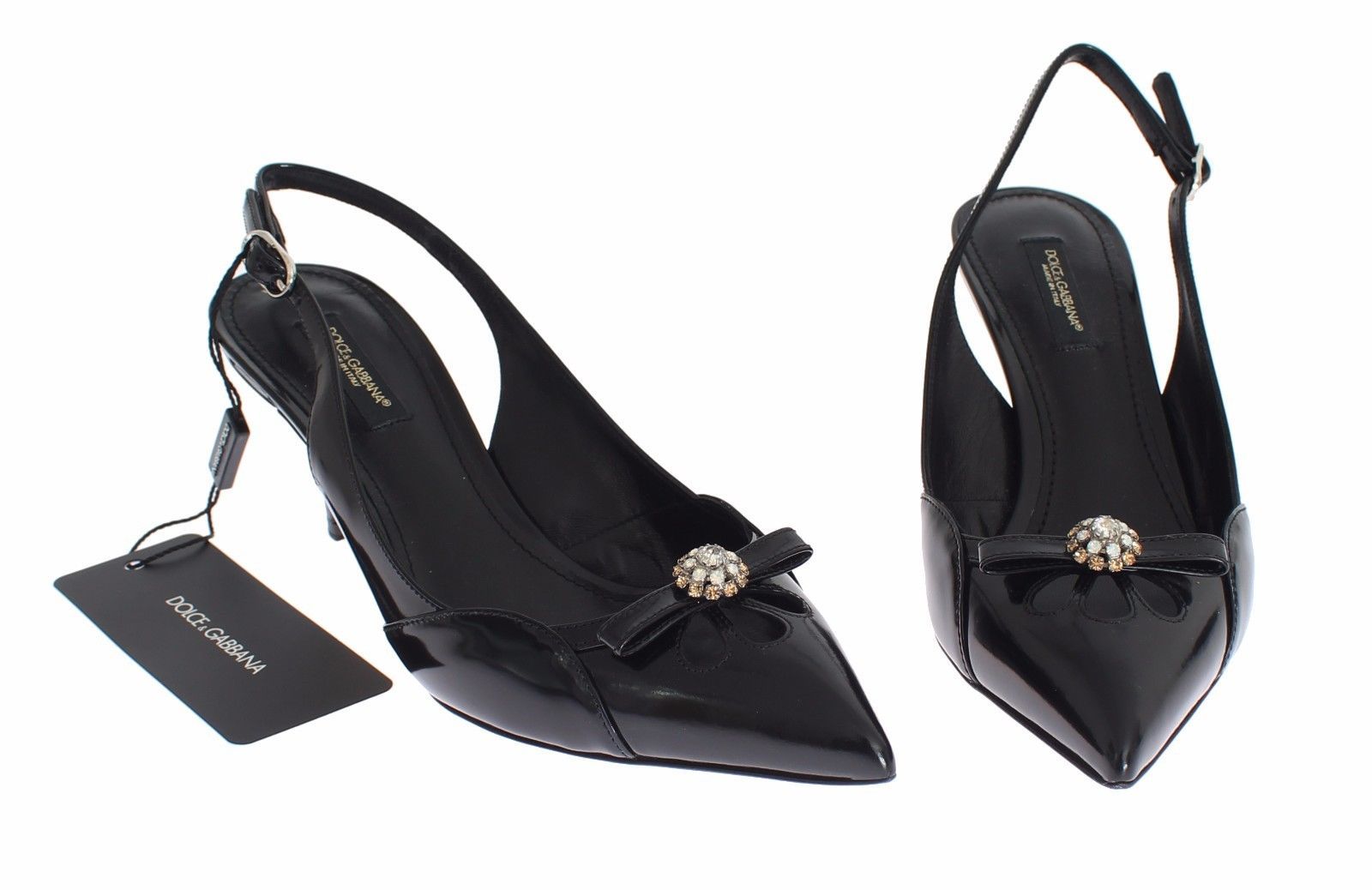 Black Leather Crystal Slingbacks Heels Shoes