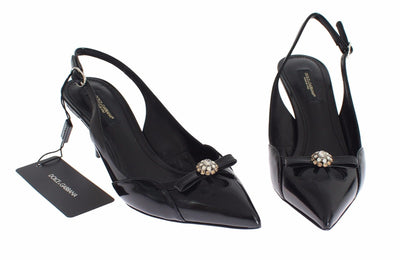 Black Leather Crystal Slingbacks Heels Shoes