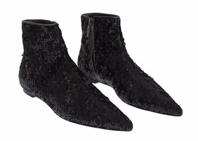 Black Sequined Pointy Flat Ankle Boots Shoes
