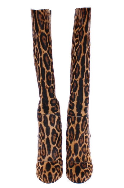Brown Leopard Fur Leather Heel Logo Boots