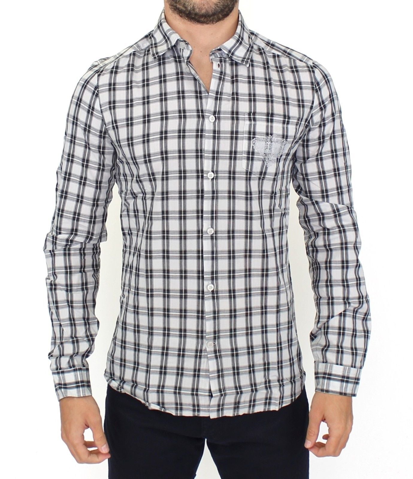 Gray White Checkered Casual Slim Fit Shirt