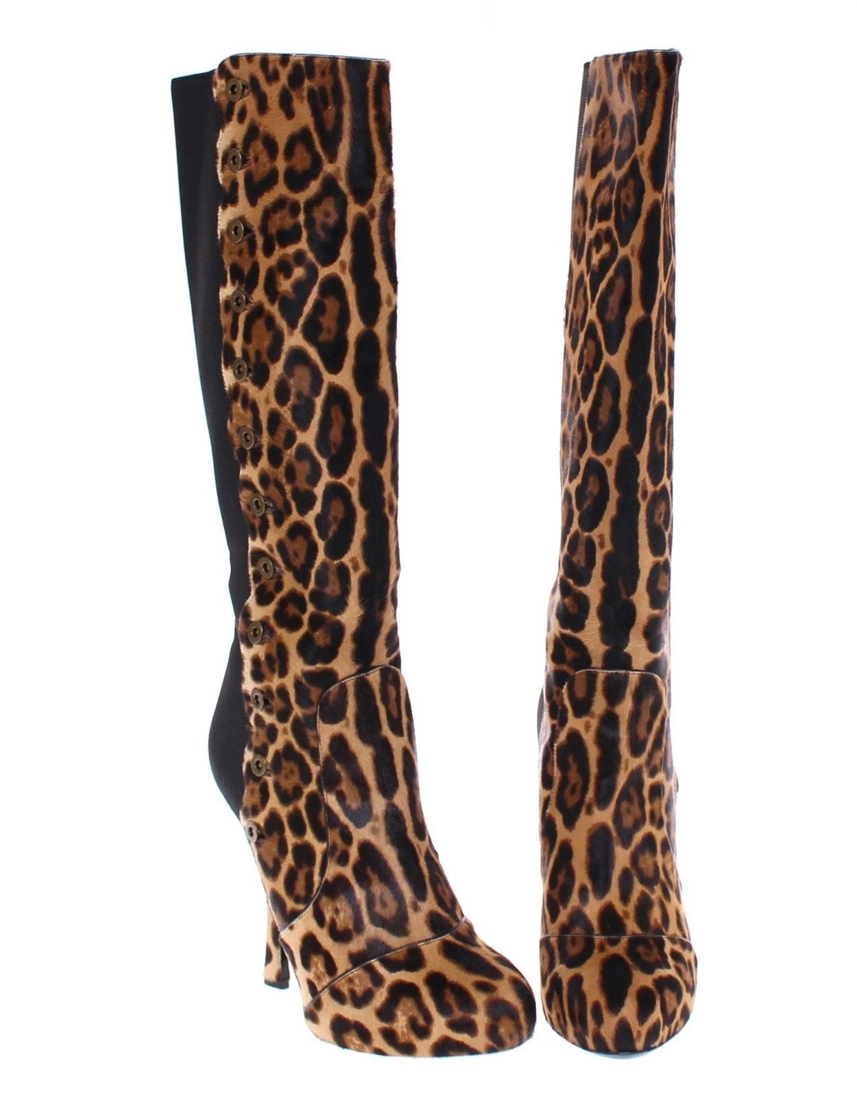 Brown Leopard Fur Leather Heel Logo Boots
