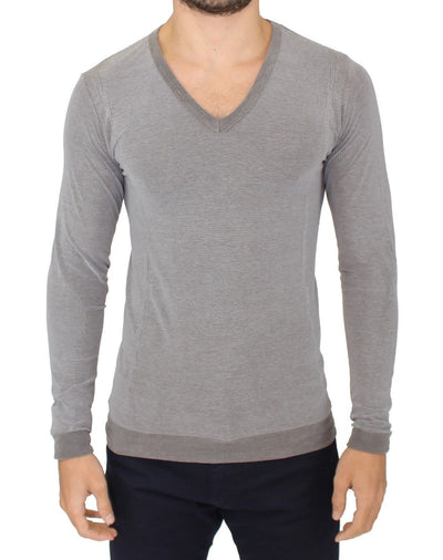 Gray Cotton Stretch V-neck Pullover Sweater