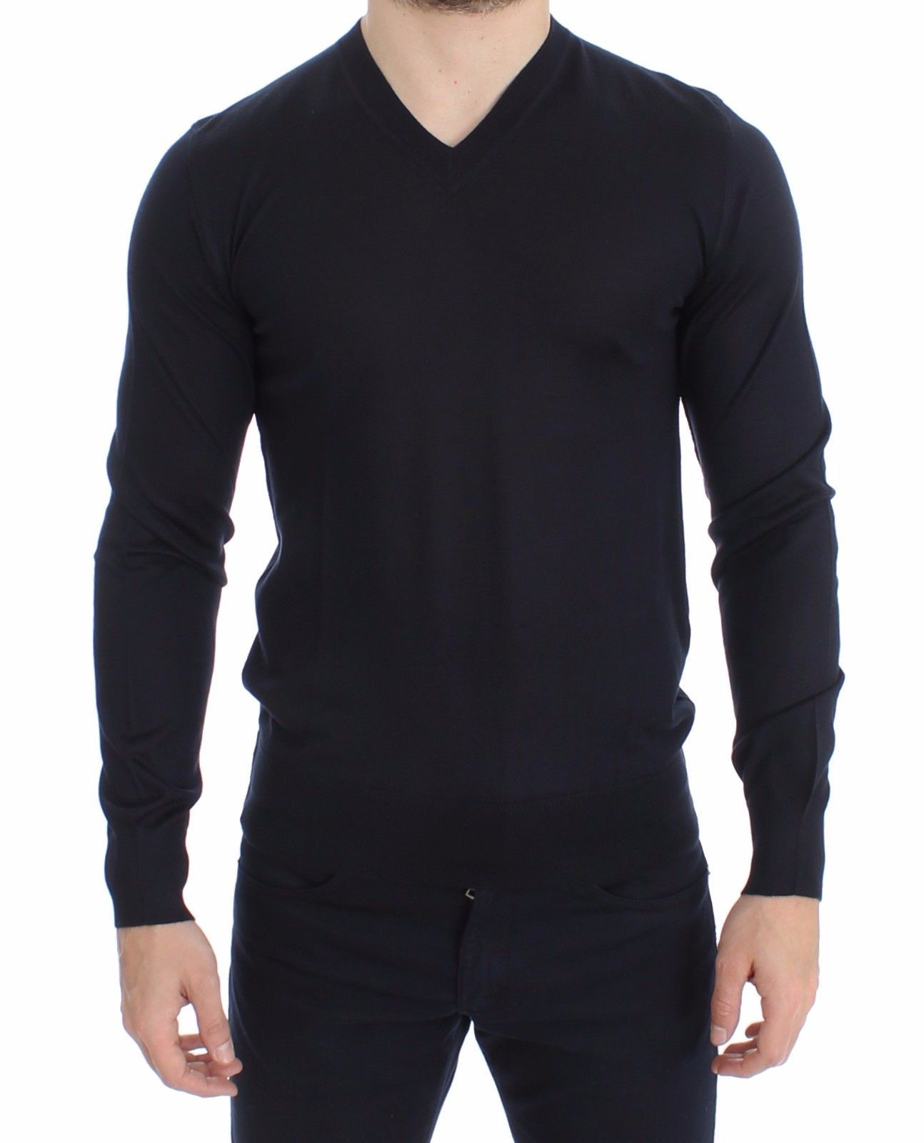 Blue Silk Cashmere V-neck Sweater Pullover