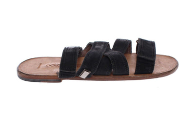 Black Leather Strap Slides Sandals Shoes