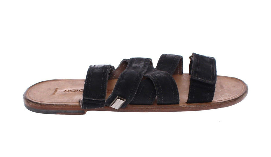 Black Leather Strap Slides Sandals Shoes